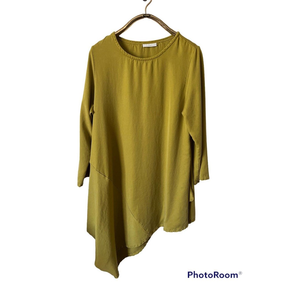 BRYN WALKER Lagenlook Linen Tunic XL Asymmetrical Hem Yellow Green Chartreuse